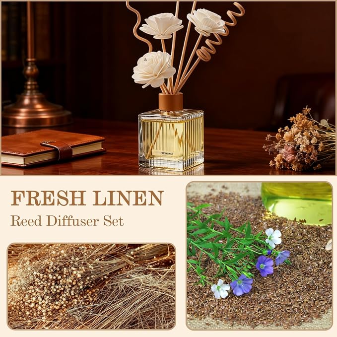 Fresh Linen Reed Diffuser - 6.7 oz Glass Bottle with 4 Rattan Sticks, 3 Dried Flowers | Adjustable, Long-Lasting Scent for Home, Bedroom, Living Room, Office, Bathroom | Aromatherapy Gift
