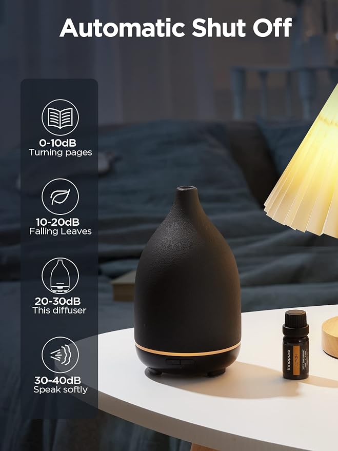 InnoGear Oil Diffuser, 150ML Ceramic Diffuser for Essential Oils Handcrafted Aromatherapy Diffuser Mother's Gift Ultrasonic Cool Mist Humidifier with 2 Mist Modes Waterless Auto Off for Home, Black