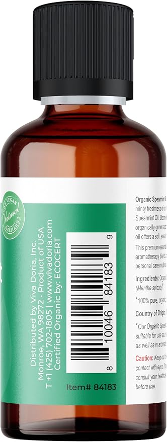 Viva Doria Spearmint Essential Oil, USDA Certified, Organic Spearmint Oil, 100% Pure, Natural Essential Oil, Undiluted, for Aromatherapy | Food Grade, 30 mL (1 Fluid Ounce)