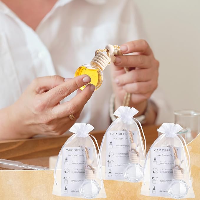 Boao 25 Sets Hanging Car Air Freshener Diffuser Bottles Empty Bulk with Car Diffuser Instruction Cards Organza Bags Glass Refillable Essential Oil Fragrance Aromatherapy Pendant (Round,Clear)