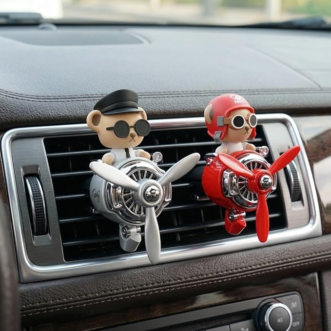 Pilot Car Air Freshener, Cute Bear Car Vent Clip Air Freshener Automotive Air Outlet Fan Diffuser, Automotive Interiors Vent Decoration (Shake Head Style - Red-s)