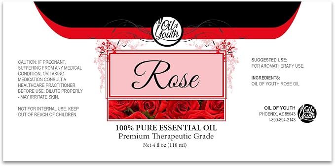 Oil of Youth Rose Essential Oil - Therapeutic Grade Aromatherapy Oil for Diffuser, Skin, Hair, Perfume & Candle Making - 4 fl oz with Dropper