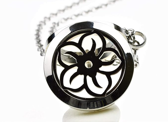 Wild Essentials Lotus Flower Essential Oil Diffuser Necklace, Stainless Steel Locket Pendant with 24 inch Chain, 12 Color Refill Pads, Customizable Color Changing Perfume Jewelry for Aromatherapy