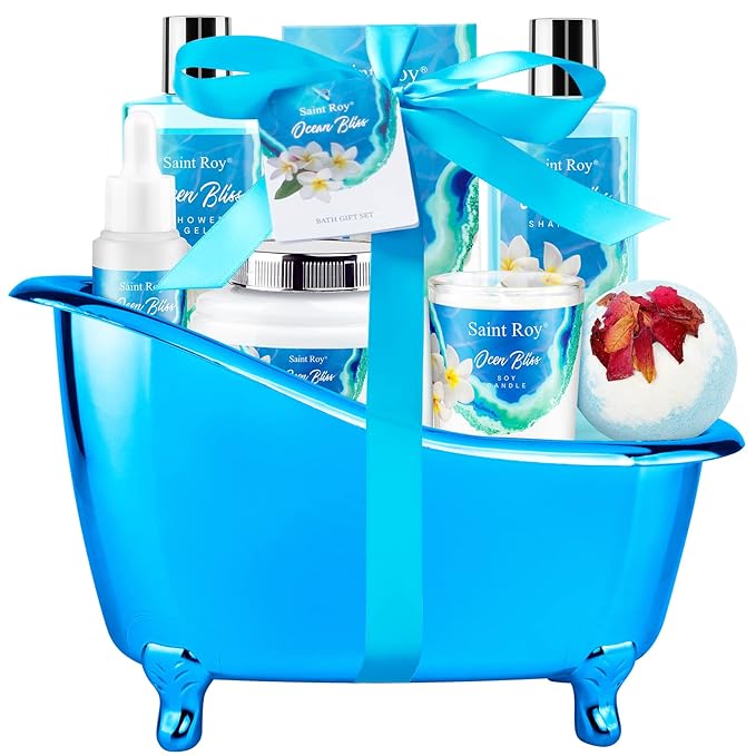 Father's Day Gifts for Women & Men Bath & Body Gift Set, Bath Basket Spa kit Gifts for Her Him Birthday Gift, Self-care Home Spa Kit, 8pcs Christmas Gift for Women Ocean Vanilla, Spa Gift Baskets