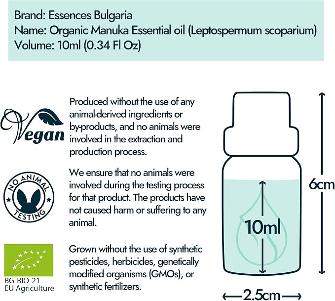Essences Bulgaria Organic Manuka Essential Oil 0.34 Fl Oz | 10ml | Leptospermum scoparium | 100% Pure and Natural | Undiluted | Therapeutic Grade | Aromatherapy | Cosmetics | Cruelty Free | Non-GMO