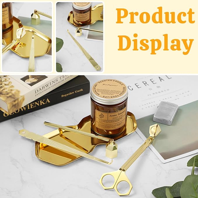 Premium 4 in 1 Candle Accessory Set - Candle Wick Trimmer, Snuffer, Wick Dipper and Tray, Care Kit for Candle Lover, Perfectly Trimmed Wicks (Gold)