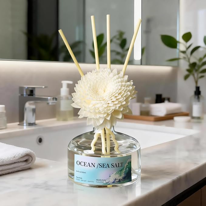 8.45 oz Salt Scent Diffusers with 6 Reed Sticks,250ml Reed Diffuser for Bathroom Room Air Freshener, Last up for 50 Days