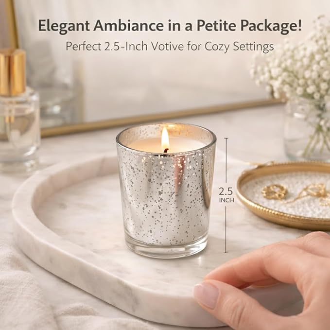 Hosley Set of 12 Silver Mercury Filled Glass Votive Candles. Ideal Gift for Weddings, Bridal Showers, Parties, Home Decor, and Special Events
