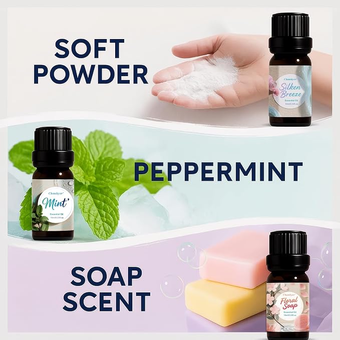 Clean Essential Oils Set 6x10ml-Fresh Linen,Mint,Clean Home,Silken Breeze,Fresh Cotton,Floral Soap for Diffuser,Home Fragrance