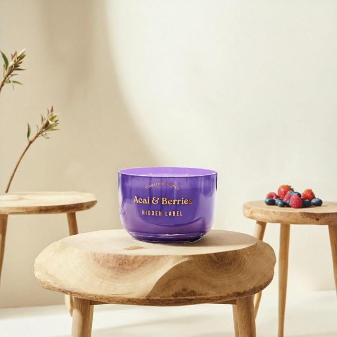 Hidden Label Acai & Berries Scented Candle, 18oz 3 Wick Large Soy Wax Candle, 70 Hour Burn | Non Toxic Aromatherapy Candle for Home, Mood Boost & Energy | Luxury Candle Gift for Women and Men