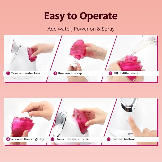 EZBASICS Facial Steamer - Professional Nano Ionic Face Steamer for Facial Deep Cleaning, Warm Mist Humidifier for Home Spa, Unclogs Pores Sinus, Bonus 5 Piece Stainless Steel Skin Kit (Pink)