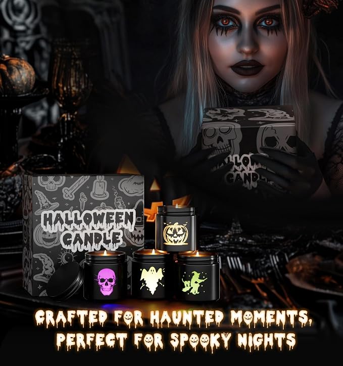 Halloween Decor Indoor-4 Pack Candles Set, LED Scented Candle,Halloween Gifts with Pumpkin|Skull|Ghost|Witch|, 80H Lasting Burn Candles for Home Decorations Indoor