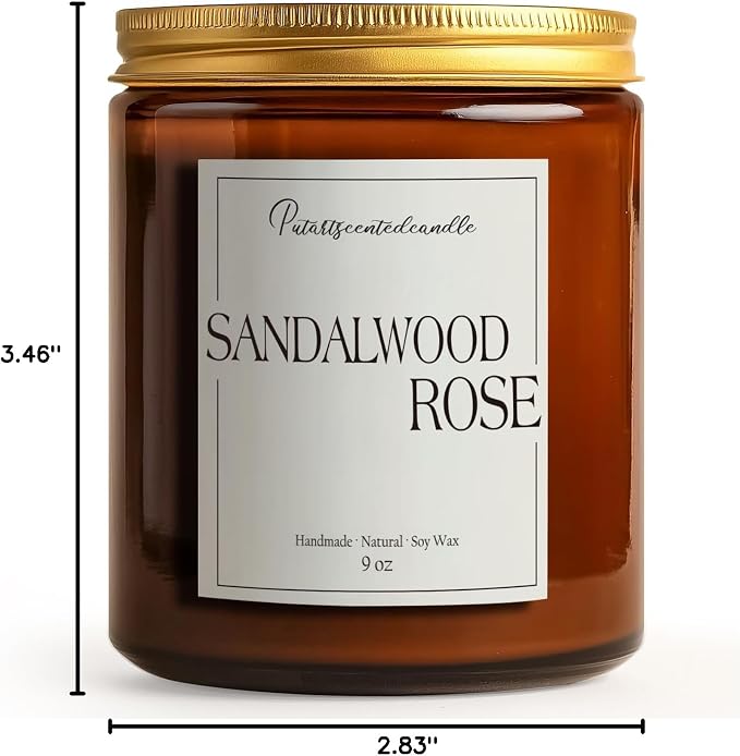 Sandalwood & Rose Scented Candles for Home, Natural Soy Wax Aromatherapy Santal Rose Candle Gifts for Men & Women, Highly Scented & Long Lasting Non Toxic Jar Candle for Stress Relief (9oz)