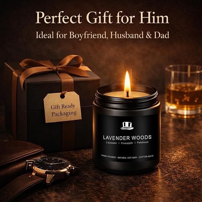 Candles for Men Gift Set, 4 Pack Masculine Scented Soy Candles for Men, Leather, Smoke, Oak & Lavender Scents, Aromatherapy Candle Gift Set for Dad, Husband, Boyfriend, Birthday, Him