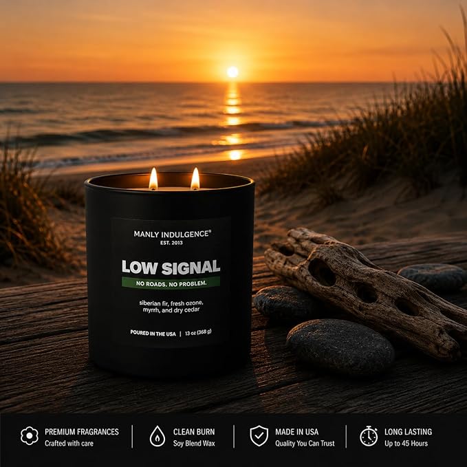 Manly Indulgence Low Signal Scented Candle, 2 Wick, 13 oz, Premium Soy Blend Wax, Candles for Home Scented - Made in The USA