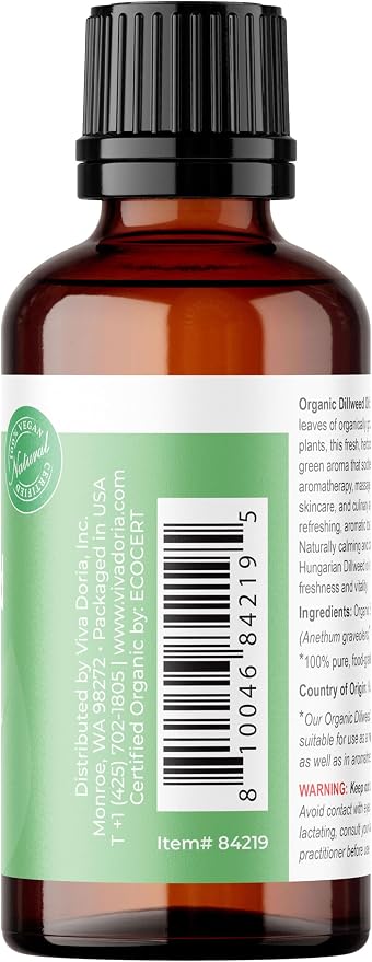 Viva Doria Dillweed Essential Oil, USDA Certified Organic Dillweed Oil, 100% Pure, Hungarian Natural Essential Oil, Undiluted, for Aromatherapy | Food Grade, 30 mL (1 Fluid Ounce)