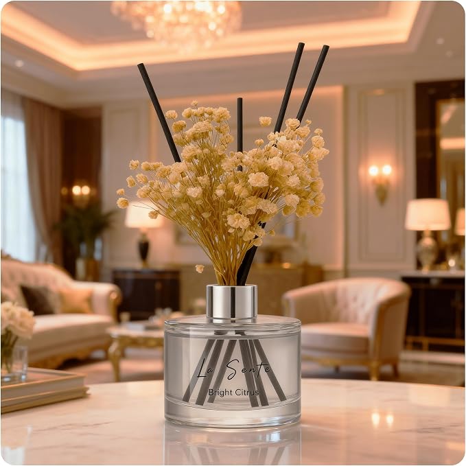 Bright Citrus Reed Diffuser Set for Home & Office - 6.7oz Natural Essential Oil Fragrance with Glass Bottle, Black Rattan Sticks & Preserved Flowers, Long Lasting Scent