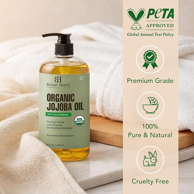 Botanic Hearth USDA Organic Jojoba Oil 8 Fl Oz |100% Pure and Natural- Cold Pressed & Hexane Free Natural Hair Growth Oil for Eyelashes, Eyebrows, Skin, Body, Face, Nails & Scalp