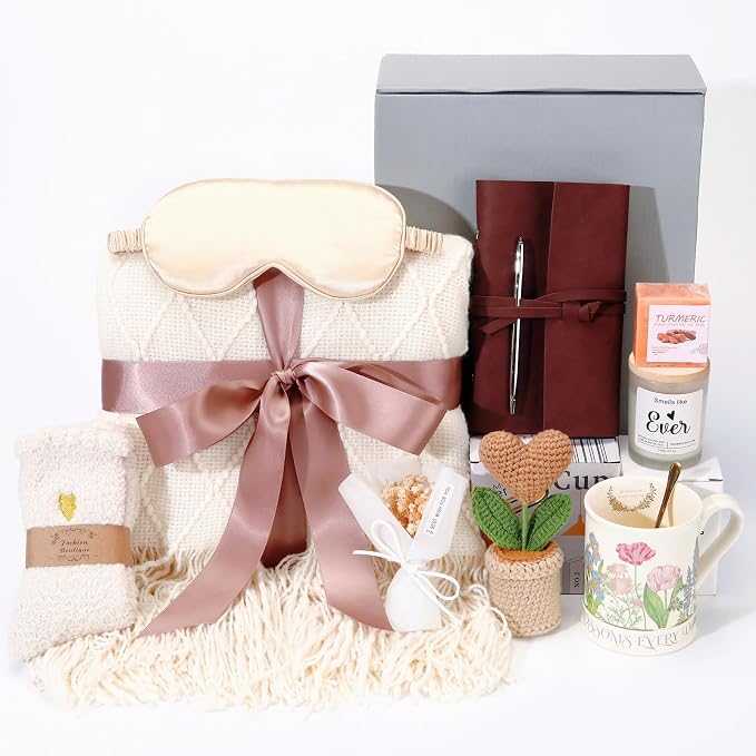 Birthday Gifts for Women,Spa Relaxation Gift Basket for Women - Self Care Package with Plush Throw Blanket, Scented Candle, Inspirational Mug & Journal for Stress Relief, Get Well Soon