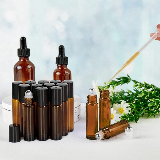 Hoa Kinh Roller Bottles for Essential Oils 10ml 24Pack Empty Amber Glass Perfume Roller Bottles with Stainless Steel Balls Refillable Roller Ball Applicator for Hair, Essential Oil