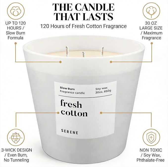 Hidden Label Fresh Cotton Scented Candle, Non Toxic 30oz Large 3-Wick Soy Wax Candle, Up to 120 Hours Long Burning, Clean Cotton Home Fragrance for Bedroom, Relaxation & Housewarming Gift