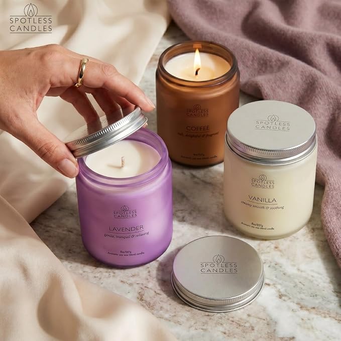 Aromatic Candles Three Pack - 3 x 8 oz Cotton Wick Candles Coloured Fosted Jars - Vanilla, Lavender and Coffee, Classic Candle Set for Men and Women by Spotless Leopard