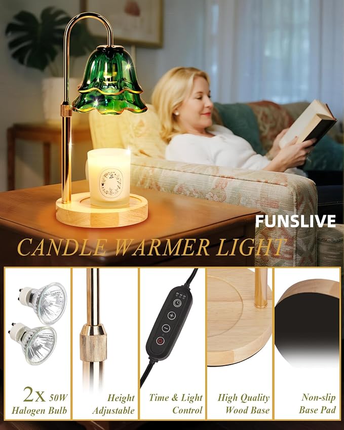 Flower Candle Warmer Lamp with Timer Dimmable Green, Adjustable Height Candle Warming Light, Wax Melt Warmer Candle Lamp for Jar Candles, Mothers Day Birthday Housewarming Gifts for Women Mom