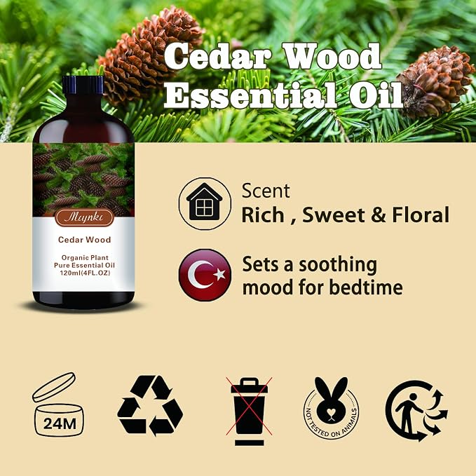 Cedarwood Essential Oil, Cedarwood Oil for Diffuser, Humidifier, Massage, DIY Candle, Soap, Focus, Relaxation, Gift Ready,Cedarwood Fragrance Oil - MLYNKL Essential Oils (4.33 fl oz / 130ml)