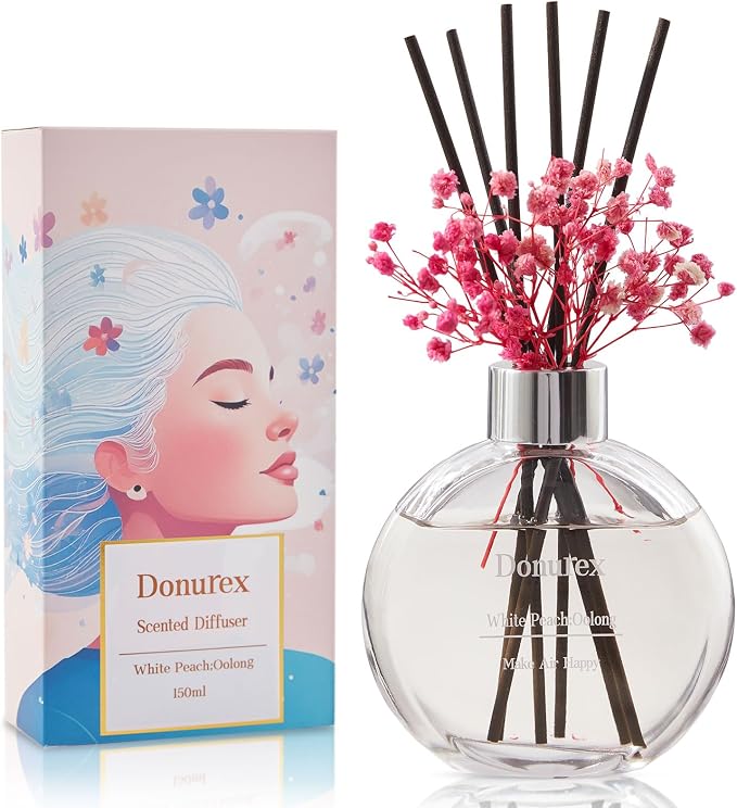 Flower Reed Diffuser Set 5.07oz White Peach & Oolong Scent Diffuser with Sticks Home Fragrance Reed Diffuser for Bathroom Shelf Decor