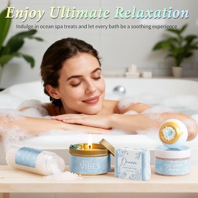 Spa Gifts for Women Bath Gift Set, Ocean Relaxing Spa Gift Baskets Home Bath Set Self Care Kit Care Package Thank You Mothers Day Birthday Easter Gifts for Women Her Mom Friends Sister Teen Girls Wife