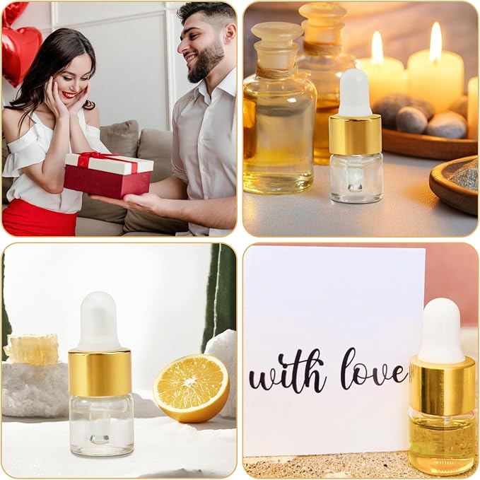 10pcs Mini Glass Dropper Bottle for Essential Oil,2ml Small Clear Sample Dropper Vails with Gold Cap,Perfume Cosmetic Liquid Containers for Traveling