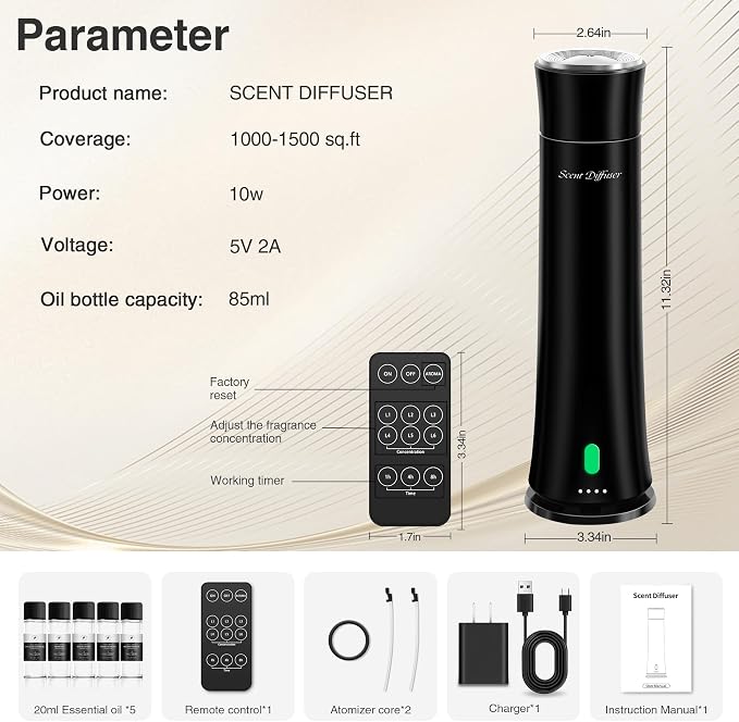 Hotel Scent Diffuser Starter Kit - 1500 Sq Ft Coverage, Premium Plastic Essential Oil Diffuser, Waterless Diffuser for Home, Hotel, Office, 5 Scent Essential Oils Included, Large Room, Black, 11In