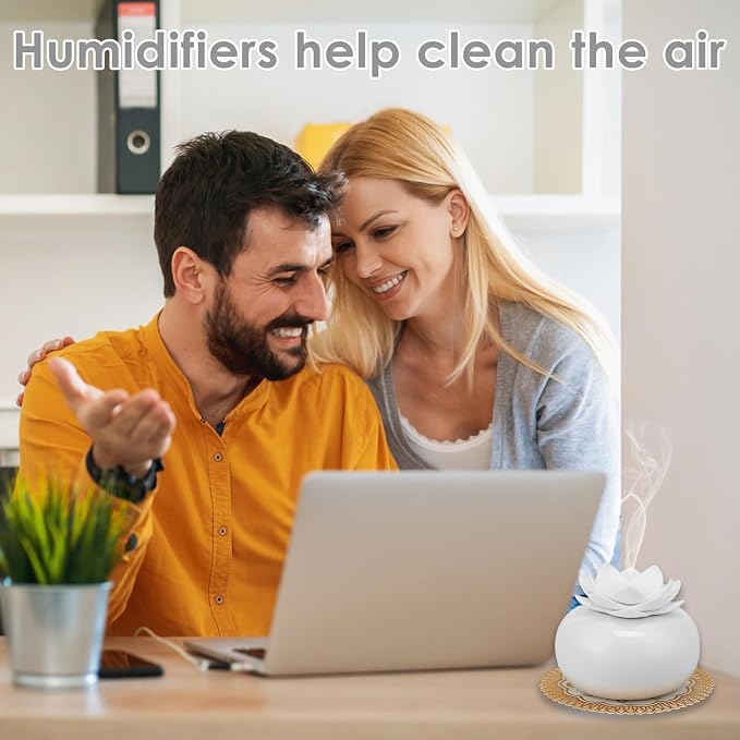 6.8 oz Water Lily Top Aromatherapy Diffusers, Decorative Essential Oil Diffusers, USB Ceramic Diffuser Humidifier, Cute Lotus Decorative Auto Shut Off, for Home Bedroom Office(White,1PCS)