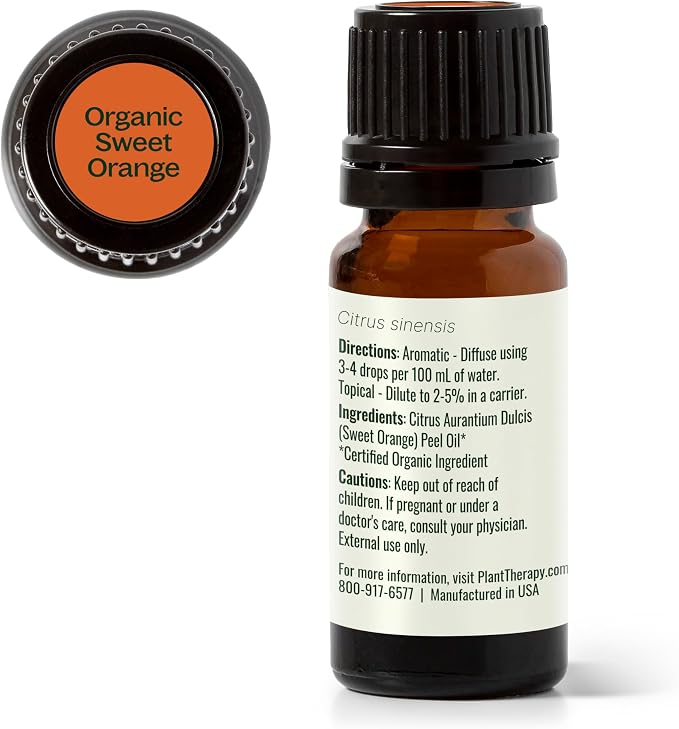Plant Therapy Organic Sweet Orange Essential Oil, 10 mL (1/3 oz), 100% Pure, USDA Certified Organic, Undiluted, Bright and Refreshing Scent