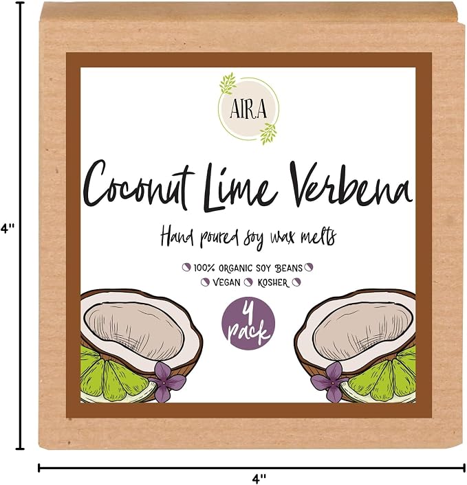 Aira Soy Wax Melt - Organic, Vegan, Kosher, Scented Soy Wax Cubes w/Essential Oils - No Chemical 100% Soy Wax Melts for Tealight Melters - Hand-Poured Soy Tarts - Coconut Lime Verbena - 2 Pack