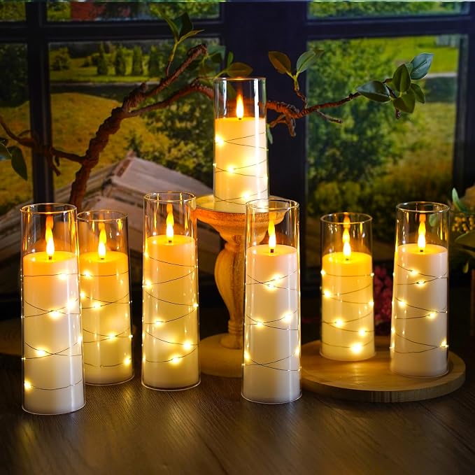 Flameless Candles,with Embedded Star String, Battery Operated Candles Flickering LED Pillar Candles with Remote Control and Timer, Home Decoration Add a Warm and Romantic Atmosphere,Set of 7 (White)