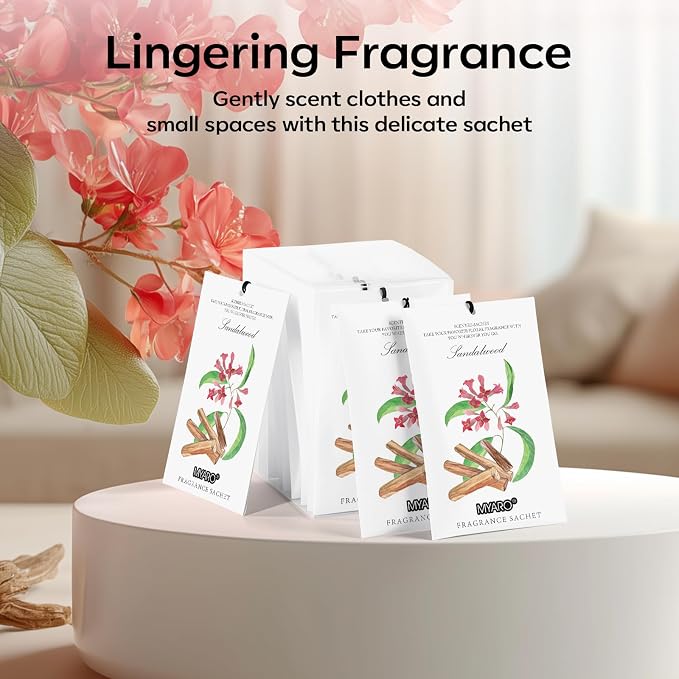 MYARO 12 Pack Sandalwood Scented Sachets for Drawer, Closet & Small Spaces Air Freshener Bags, Odor Eliminator for Clothes, Car, Wardrobe, Home Fragrance Gift Set