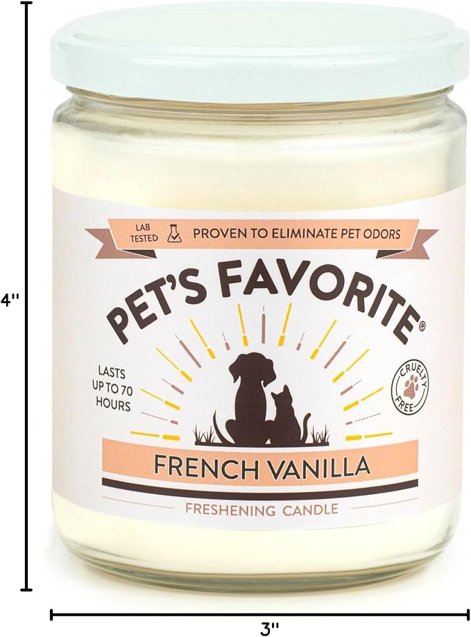 Pet's Favorite French Vanilla Candle for Pet Odor, Clean, Plant Based Air Freshener with a Natural Fiber Wick and 70 Hour Burn Time, Scented Pet Candle for Home