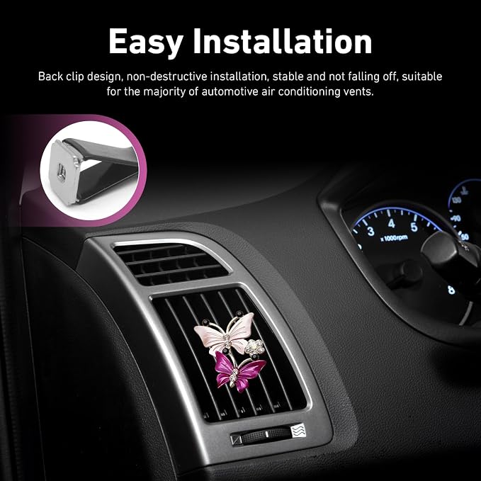 4 PCS Dual Butterfly Car Air Vent Clips, Car Air Vent Shimmering Rhinestone Butterfly Decoration Clips, Smell Diffuser for Horizontal Vertical AC Export, for Most Vehicles (Pink & Purple)