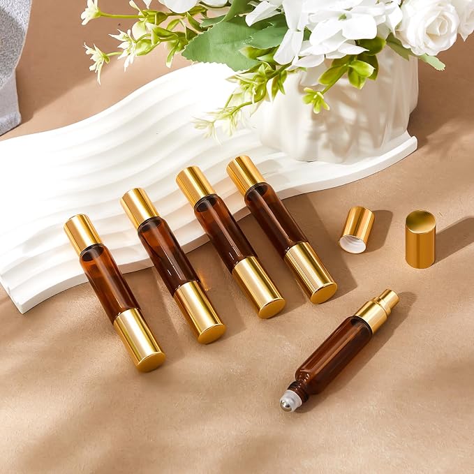 Domensi 20 Pack Dual-head Perfume Roller Bottles, 10ml Travel Refillable Bottles with Roller Ball & Spray for Essential Oils & Cologne, Leakproof Travel Atomizer with Funnel Tool(Amber)
