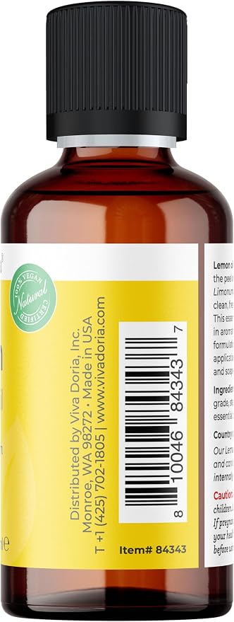 Viva Doria 100% Pure Lemon Essential Oil, Undiluted, Food Grade, USA Lemon Oil, 30 mL (1 Fl Oz)