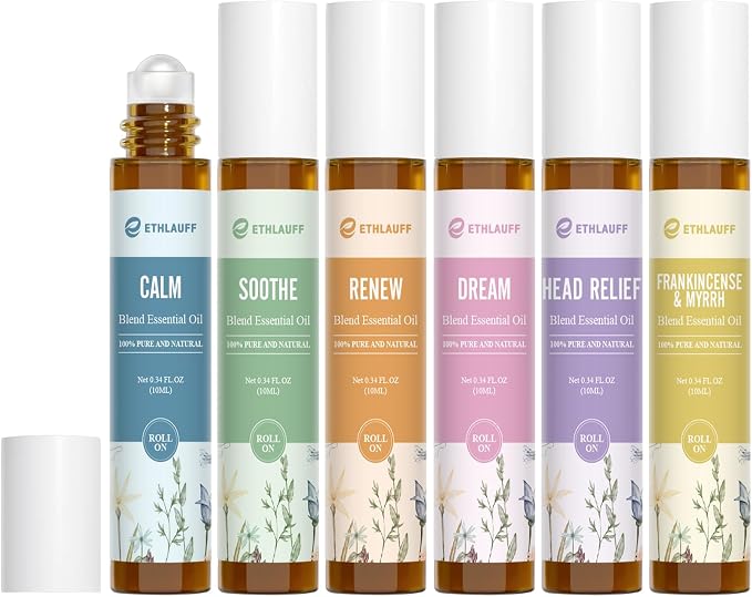 Essential Oil Roll On Set, (Calm,Renew,Dream,Head Relief), Aromatherapy Roll On Blends for Massage, Body Care & Home Use, Stress Relief Gift Men & Women