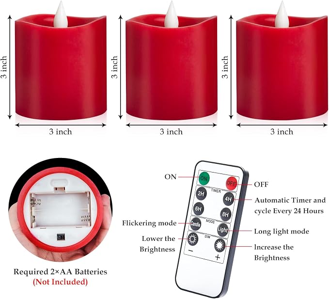 3" x 3" Red Flameless Candles - LED Pillar with Remote, Timer, Flickering, 600+ Hour Battery Life, Ideal for Christmas, Halloween, and Indoor Decor 3"*3"-3pcs