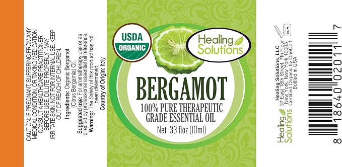 Healing Solutions Bergamot Essential Oil, 0.33 oz (10ml), Organic, Undiluted, Pure Oil for Skin & Diffuser