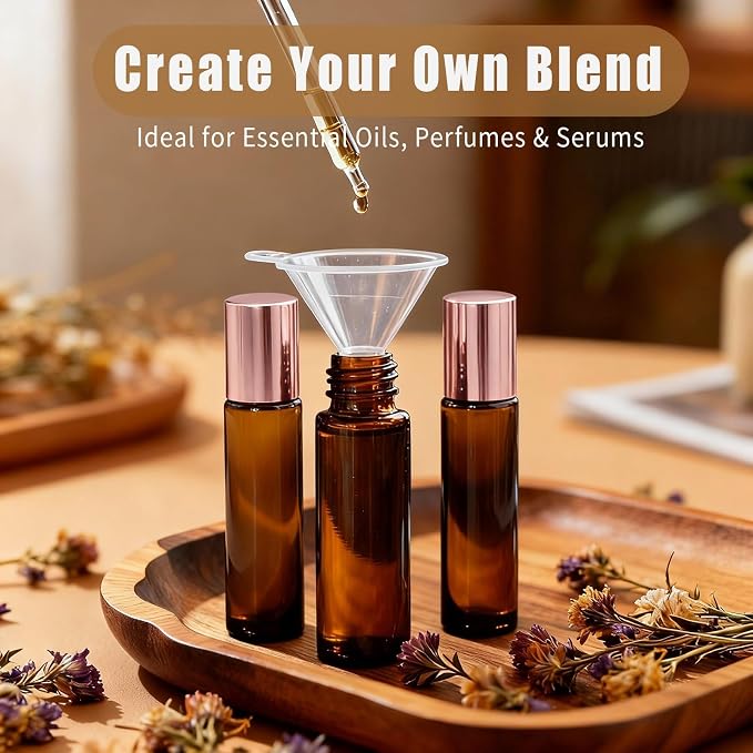 8 Pack 4 Types Roller Bottles for Essential Oils, 10ml Refillable Amber Glass Roll On Bottles with Natural Crystal Roller Balls, Leak-Proof Travel Perfume Bottle with exquisite Caps