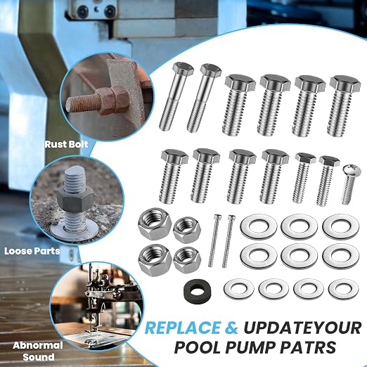 Pool Pump Bolt Kit for Pentair Whisperflo & Intelliflo - Complete Stainless Steel Hardware Set, Includes Motor Bolts,Foot and Insert Bolt, Nuts, Diffuser Screws, Seal Plate Bolts & Washers