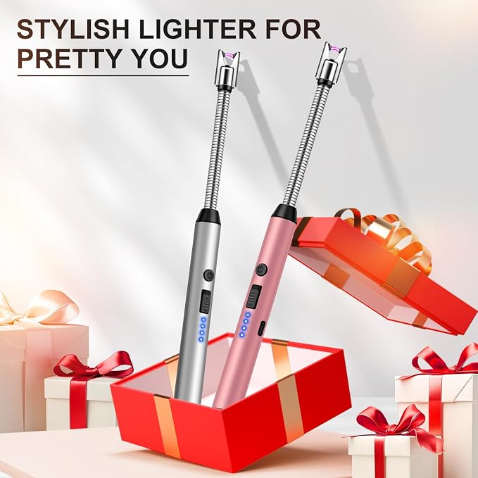 Upgraded 2 Pack Electric Candle Lighter with 360° Flexible Neck & Safety Lock, Windproof USB Rechargeable Flameless Arc Long Lighters for Grill, BBQ, Camping, Fireplace, Stove (Rose Gold & Silver)