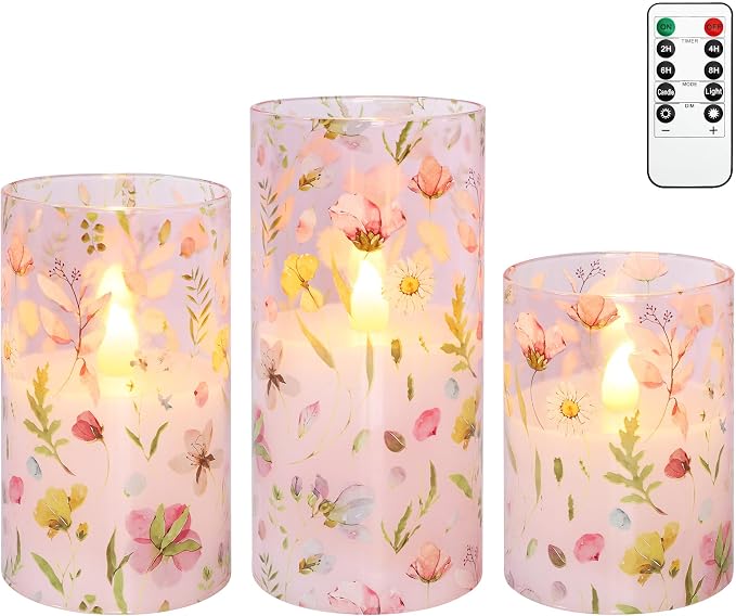 Pink Flameless Candles with Remote Timer, Glass Battery Operated Candles, Pink Flower Decals LED Candles for Home Party Wedding Mother's Day Thanksgiving Decor Set of 3