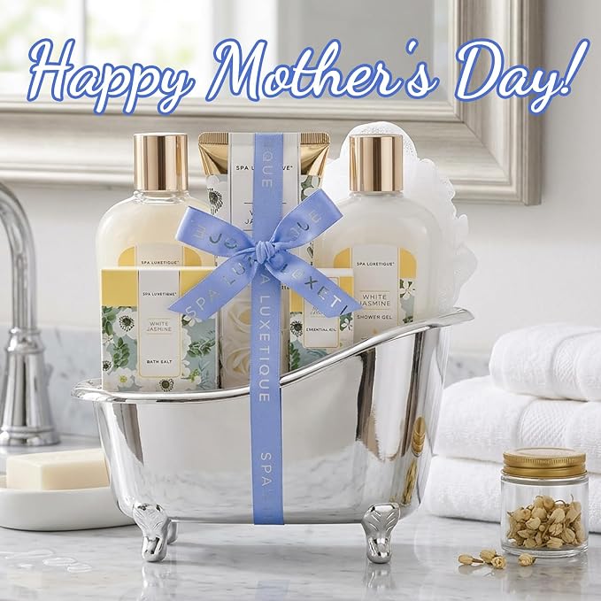 Spa luxetique 8pcs Jasmine Gift Set for Women, Spa Gift Baskets Bath and Body Gifts with Shower Gel, Bubble Bath, Mother's Day Gifts for Mom Birthday Anniversary