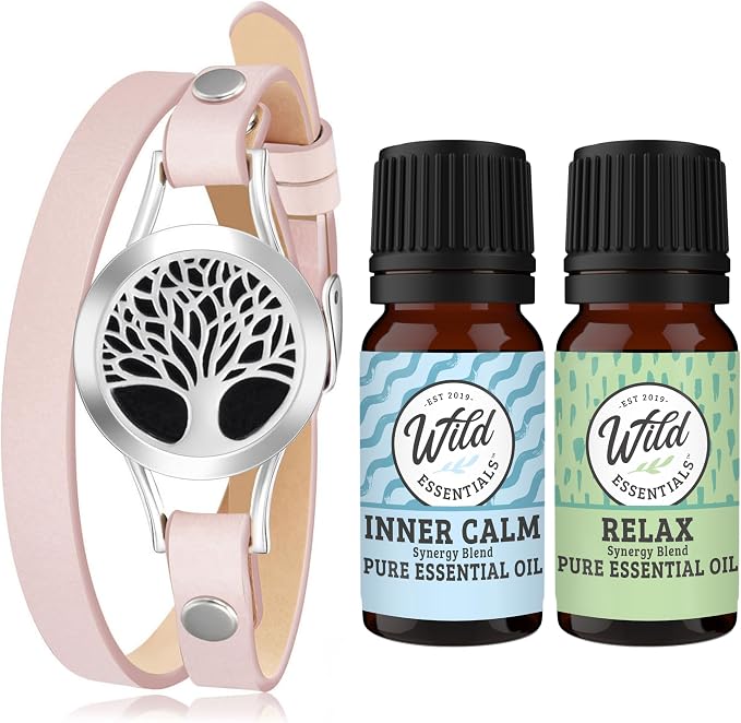 Wild Essentials Diffuser Wrap Bracelet Kit – Adjustable 5"–7.5" Leather + 316L Stainless Steel Locket, 12 Color Pads (17mm) – Includes Inner Calm & Relax (2 x 10ml)